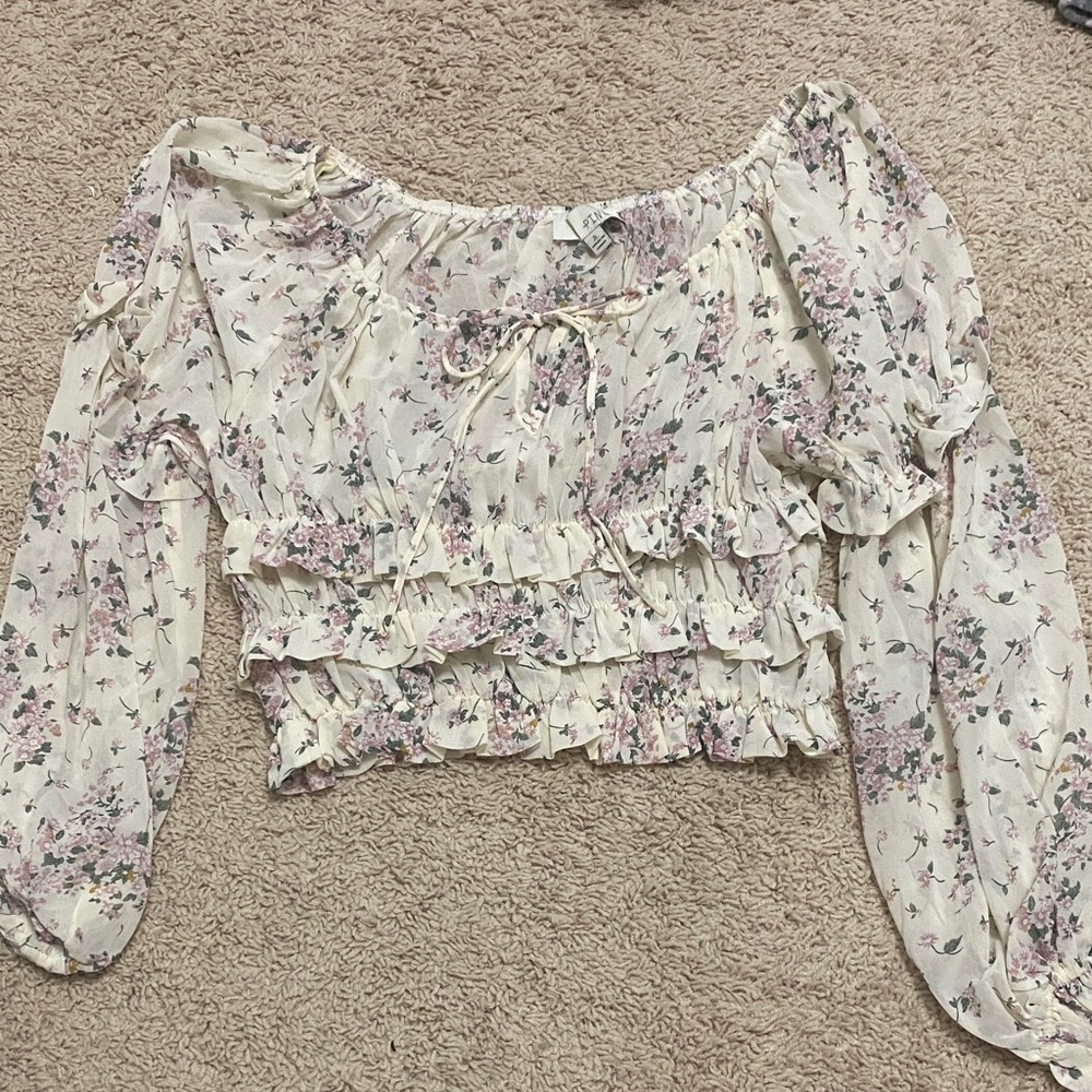 Floral Ruffle Blouse - Cream and Pink